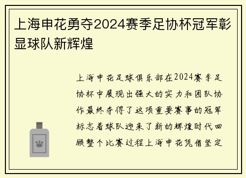 上海申花勇夺2024赛季足协杯冠军彰显球队新辉煌